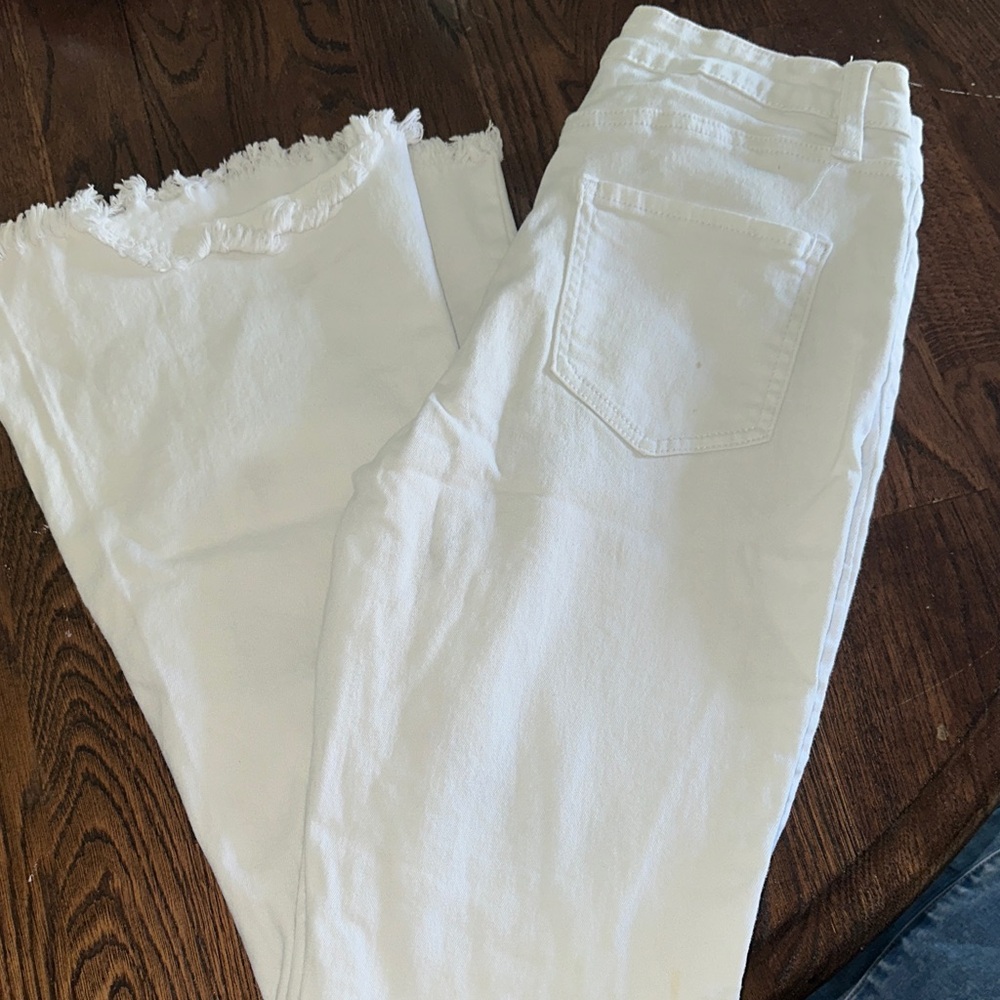 YMI Women's Flare Leg White Jeans with Frayed Hem